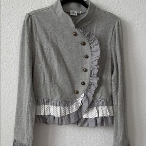 Gray Ruffled Blazer with Striped Accents